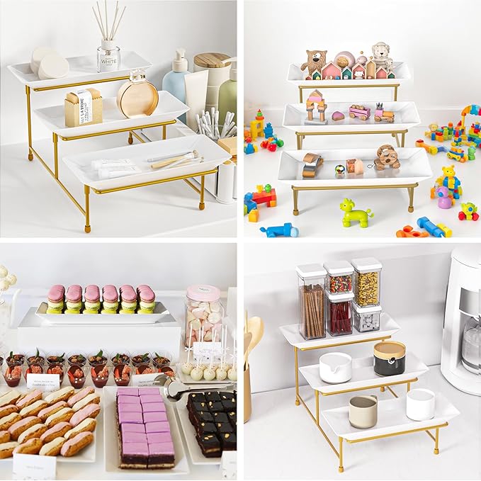 3 Tier Serving Tray for Party, 12"x6" Tiered Serving Platters with Steel Display Stand for Sevring Food,Cookies,Veggie, Dessert,Fruit, Gold