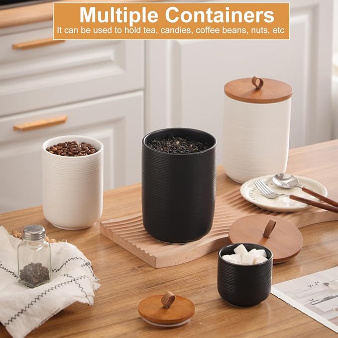 Simcat Ceramic Canister Set Kitchen Airtight Food Storage Jar with Bamboo Lids Coffee Sugar Tea Storage Containers (Little black with belt-8.8oz)