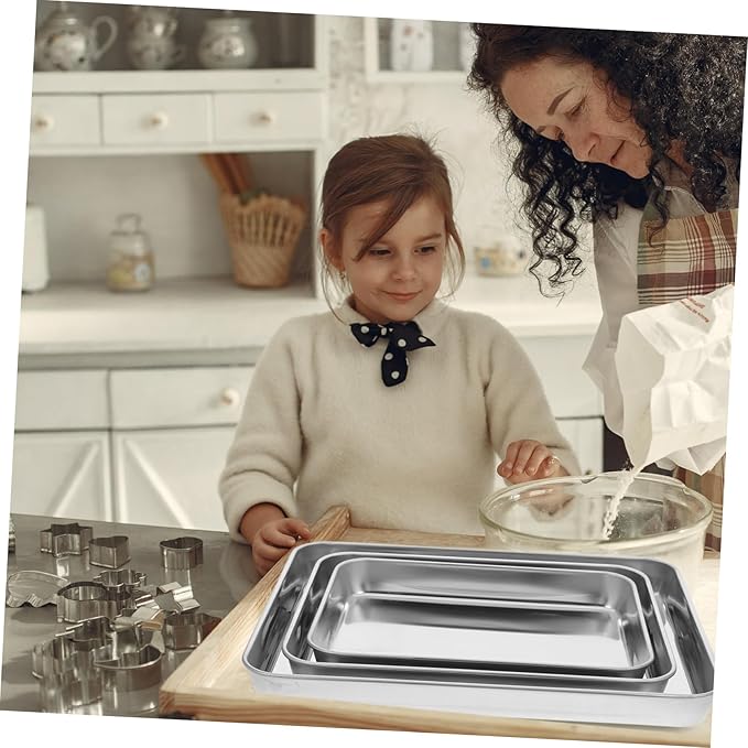 3-Piece Stainless Steel Serving Tray Set Rectangular Baking Cooling Grilling Plates for Home Use Sturdy Food Storage Trays for Fruits and Snacks