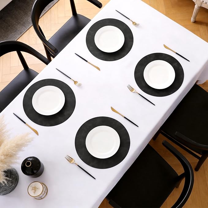 MOSAYT 13 Inch Round Vinyl Placemats Set of 4 - Faux Leather 100% Waterproof Oil-Proof Wipeable PU Place Mats, Heat Resistant Reversible Table Mats for Kitchen, Dining, Outdoor (Black)