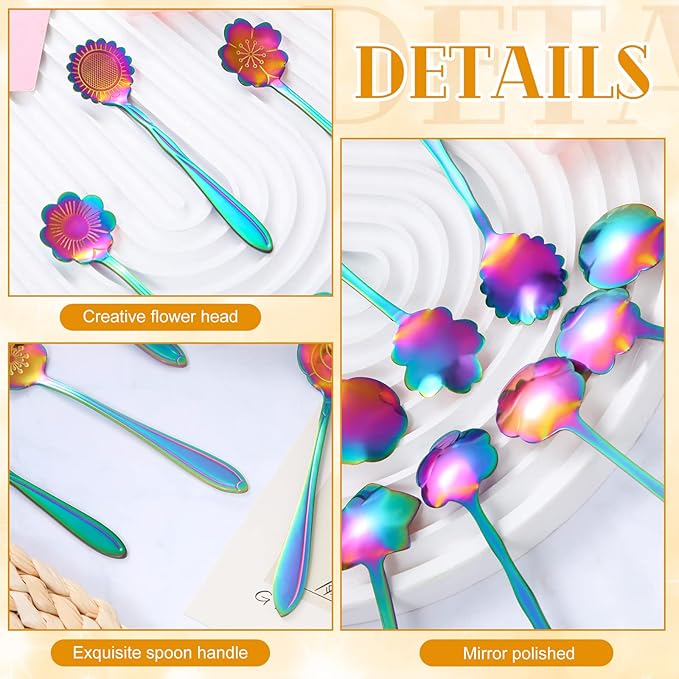 Eboot 40 Pcs Rainbow Flower Teaspoon Stainless Steel Tea Party Spoons Mini Cute Teaspoon Stirring Coffee Sugar Drink Demitasse Espresso Spoons for Bridal Baby Shower Wedding Party Favors Decorations