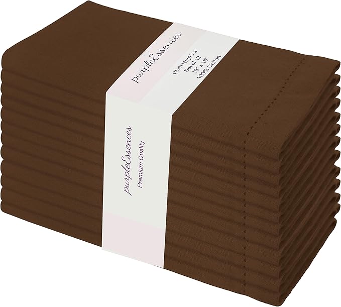 PurpleEssences Set of 12 Hemstitch Cloth Dinner Napkins 100% Cotton - Soft Durable Washable - Ideal for Wedding Christmas Holiday Winter - Perfect Everyday Use Table Linen 18x18 - Nut Brown