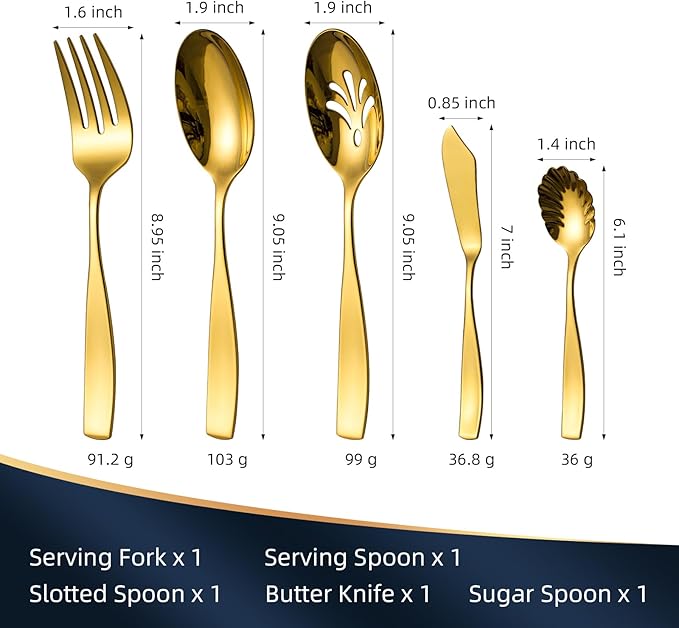 Serving Utensils, CITESANA 5-Piece Gold Stainless Steel Silverware Serving Set Mirror Polished Hostess Flatware for Buffet Kitchen Dishwasher Safe