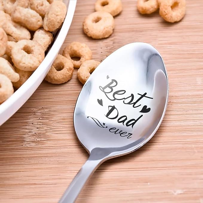 Engraved Stainless Steel Spoon Gift Best Dad Ever Spoon Dessert Spoon Ice Cream Spoon Dinner Spoon With Gift Box For Men Dad Grandpa Husband Birthday Father's Day