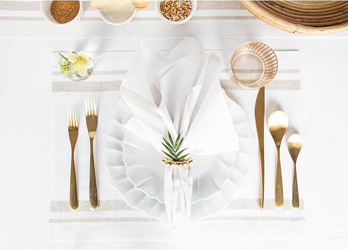 Solino Home Striped Linen Placemats Set of 4-100% Pure Linen Natural and White Place Mats 14 x 19 Inch for Christmas, Winter, New Year - French Stripe