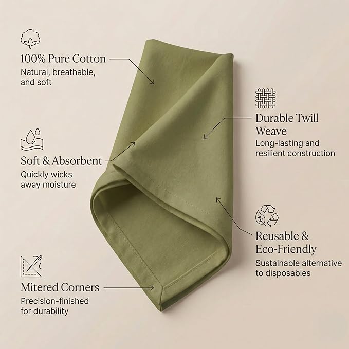 ACCENTHOME Accent Home 100% Cotton Napkins, Delicate Cloth Napkins for Dinners, Parties and Weddings，18 x 18 Inch Set of 12 - Olive Green