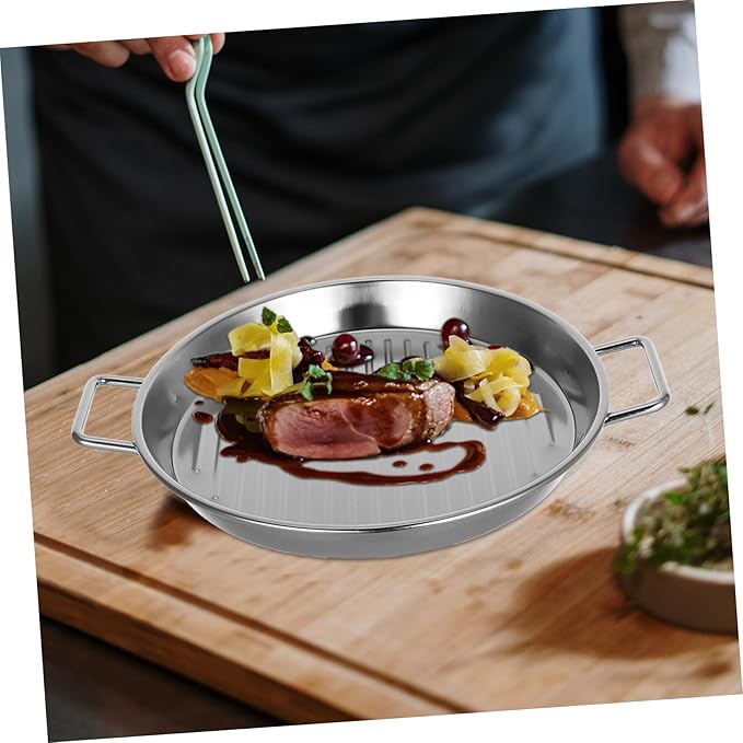 Mobestech Silver Stainless Steel Round Serving Tray Versatile Bbq Platter for Seafood Steak Snacks Easy to Clean Stackable Design for Home Outdoor Use