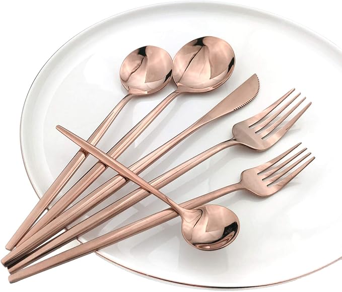 24Pcs Copper Mirror Silverware Flatware Set, 18/0 Stainless Steel Cutlery Set Utensils Kitchen Rose Gold Dinnerware Include Knife Fork Spoon and Teaspoon, Service for 4