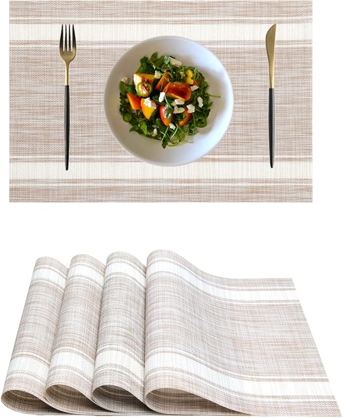 Placemats,PlasticVinyl Washable Heat-Resistant Durable PVC Non-Slip Woven for Kitchen Dining Table Mats (Set of 4, White Beige)