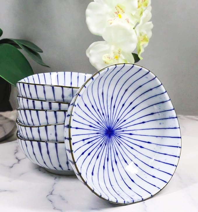 Ebros Gift Artistic Blue Waves Fubuki Tokusa Made In Japan Dinnerware Serveware Kitchenware Set Asian Japanese Restaurant Supply (Pack Of 6 Round Flair Small Shallow Bowls 11oz)