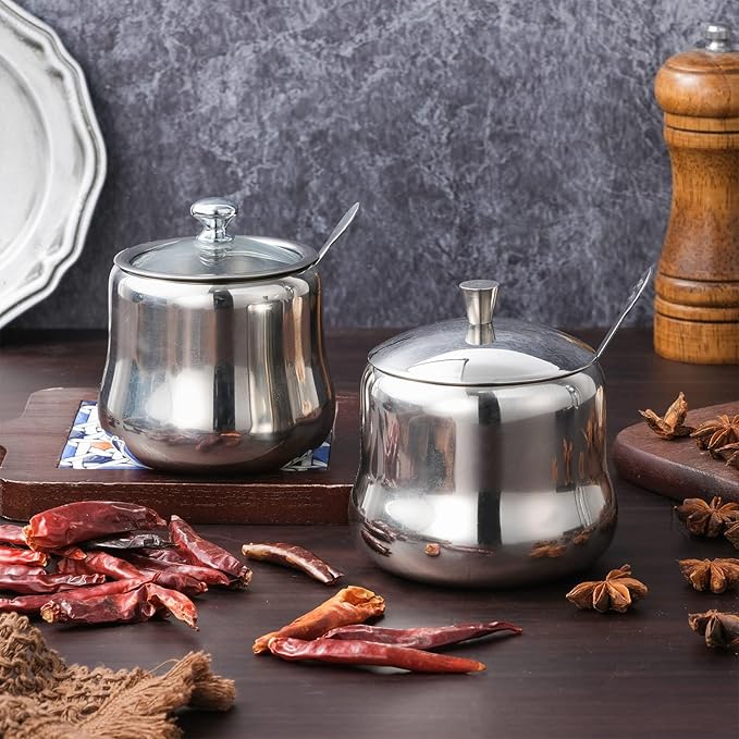 13oz Stainless Steel Sugar Bowl Decorative Silver Ghee Container with Spoon and Metal Lid Small Spice Jars for Seasonings Condiment Pot for Kitchen Coffee Table