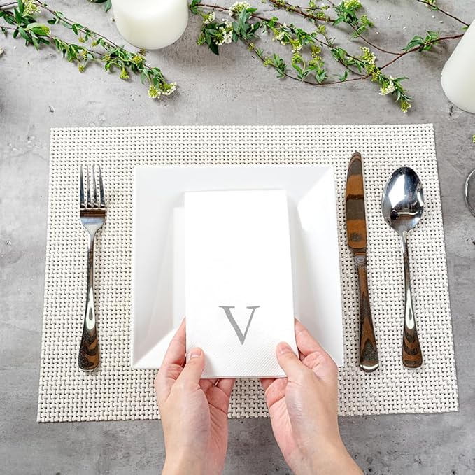 Luxenap 15.8 X 7.9 Inch Linen-Feel Guest Towels, 2000 Lettered Hand Towels - Silver Letter 'V', Sans Serif Font, White Paper Dinner Napkins, airlaid, For Restrooms And Tables - Restaurantware