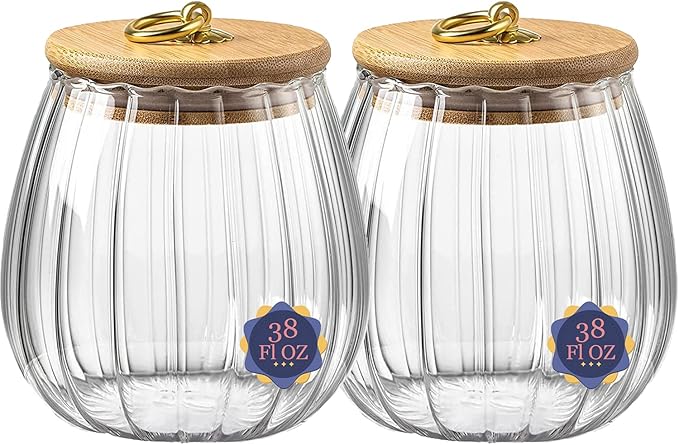 38 FL OZ Glass Jars With Bamboo Lids, Airtight Containers for Storage, Large Candy Jars for Coffee Nuts Cookie, Decorative Canister, 1130ml Oval
