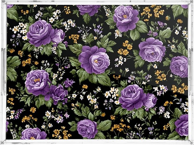 Serving Tray with Handles Clear Acrylic Tray 12x16 Inch Decorative Rectangular Tray Organizer for Ottoman Coffee Table Bathroom Vintage Floral Purple Roses