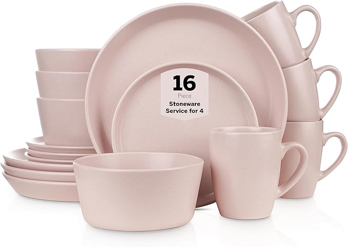 Stone Lain Albie Stoneware 16-Piece Modern Dinnerware Set, Kitchen Plates and Bowls Sets, Service for 4, Pink, Microwave & Dishwasher Safe