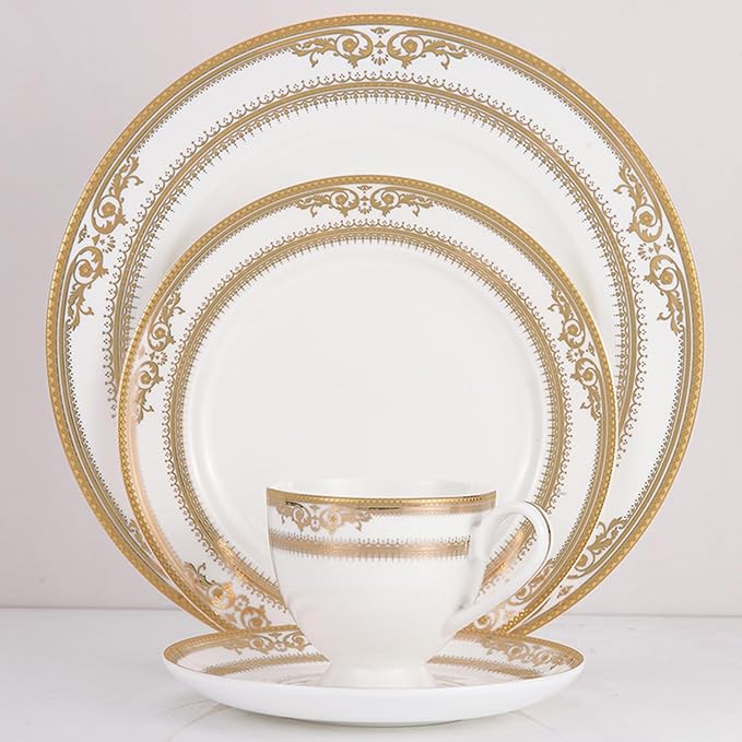 8 pieces bone china dishes set for 2, ceramic plate set with gold thread, elegant royal pattern dinnerware sets for wedding, housewarming, birthday