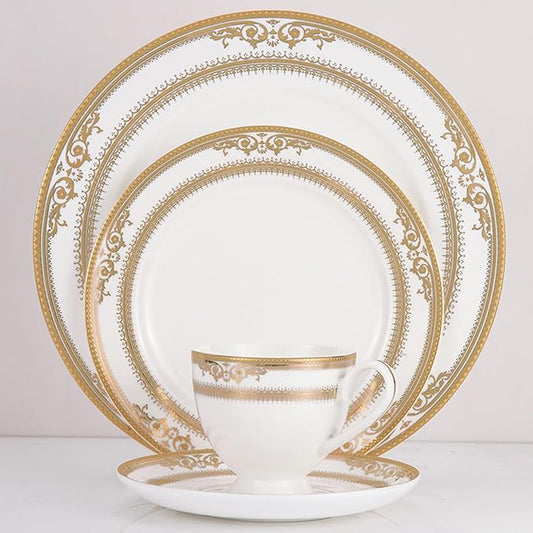 16 pieces bone china dishes set for 4, ceramic plate set with gold thread, elegant royal pattern dinnerware sets for wedding, housewarming, birthday