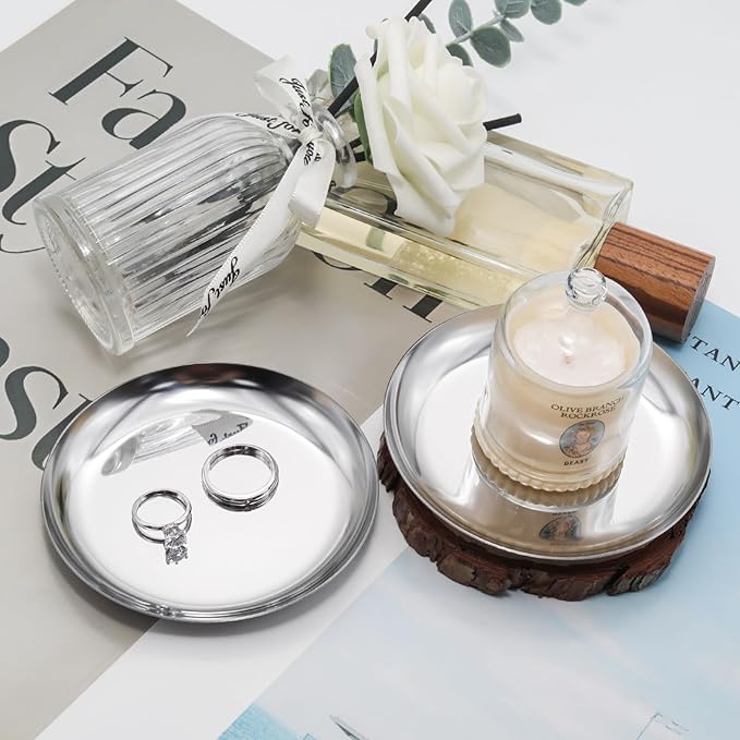 Pine & Linen 2 Pcs Silver Jewelry Dish, 4 Inch Stainless Steel Trinket Tray Decorative Plate, Small Serving Tray for Home Decor/Decor Enthusiasts