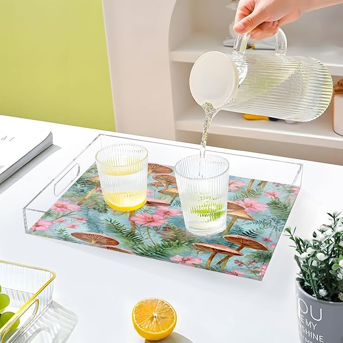 Serving Tray with Handles Clear Acrylic Tray 12x16 Inch Decorative Rectangular Tray Organizer for Ottoman Coffee Table Bathroom Mushroom Leaves Pink Green