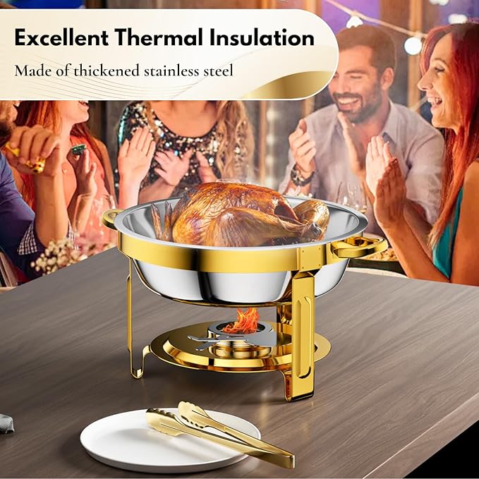 Gold Chafing Dishes for Buffet Set of 6, 5QT Round Chafing Dish Buffet Set, Chafer and Buffet Warmer Set, Stainless Steel Food Warmer for Parties Buffet, Party Food Warmer Buffet Set with Tongs