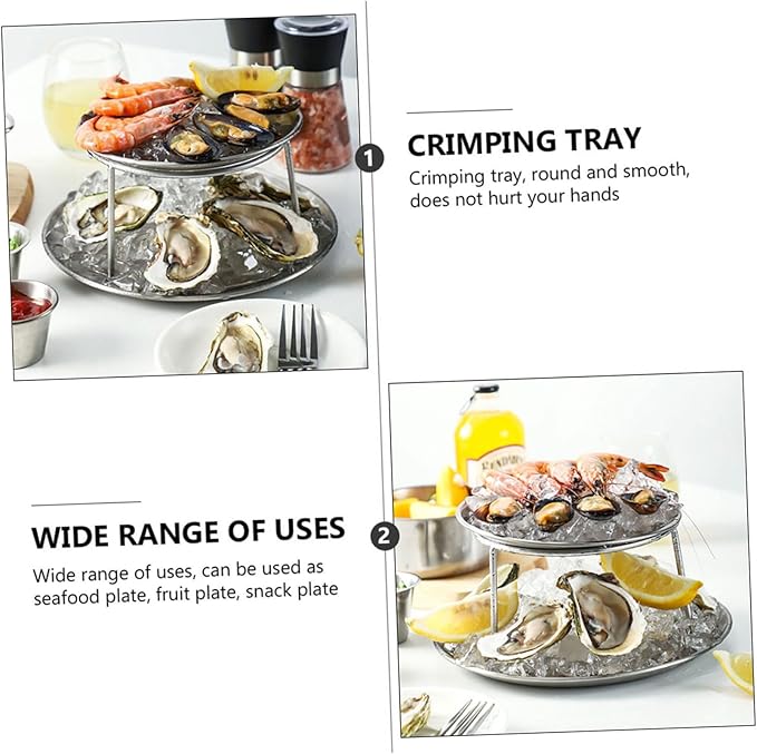 Cabilock Stainless Steel Seafood Snack Plate Double with Bracket Food Serving Tray for Restaurant Party Buffet Silver Kitchen Utensil
