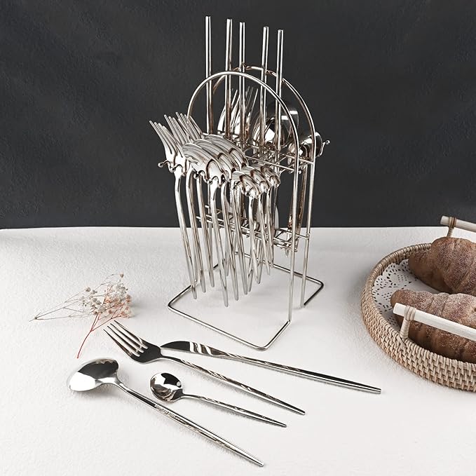 JASHII 24-Piece Stainless Steel Flat Flatware Set for 6, Fork Spoon Knife Set Eating Utensils Tableware with Holder for Kitchens Home and Restaurant, Dishwasher Safe - Shiny Silver