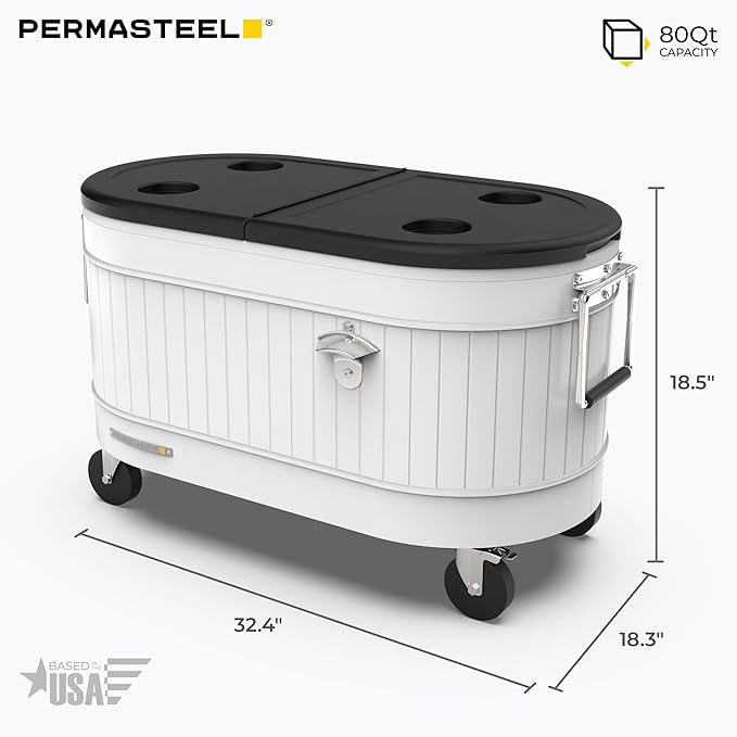 Permasteel Rolling Patio Cooler – Large Outdoor Ice Chest with Wheels, Beverage Cooler for Backyard, BBQ, Tailgate, Beach, Parties, Rustic Farmhouse Design