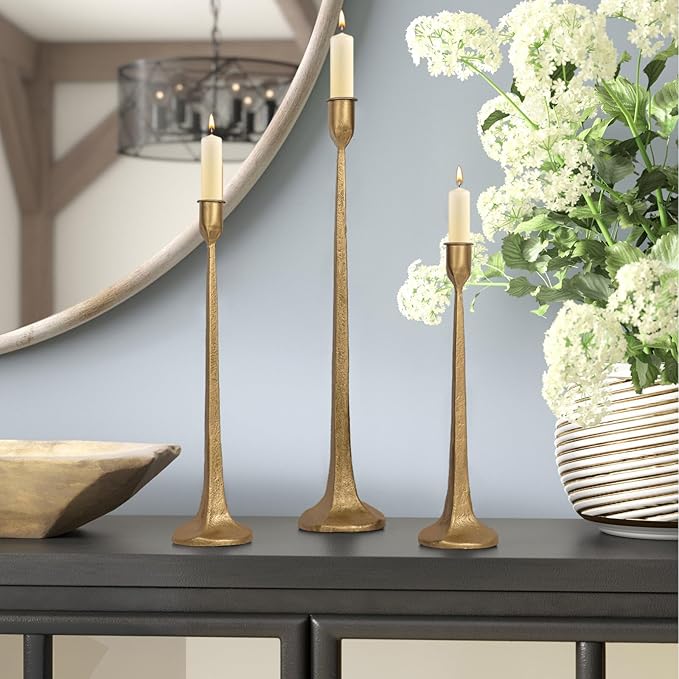 Iron Taper Candle Holder Set of 3 - Decorative Tall Candle Stand, Candlestick Holder for Wedding, Dining Table, Party Decoration (Antique Brass)