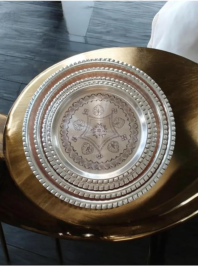 Serving Tray Copper Ottoman Tray 12 Inch Silver Color Decorative Tea Tray for Coffee Table, Kitchen, Living Room, Home Decor - Silver, One Size