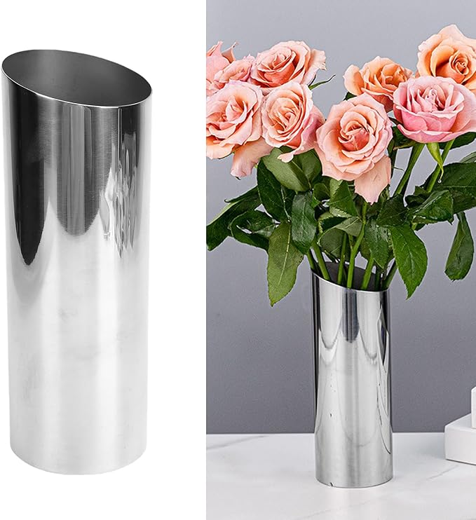 Small vases, mini Tulip vase Set, Silver Stainless Steel Slanted Rim Modern vases, Suitable for Tulips, Pampas Grass, Orchids, Roses