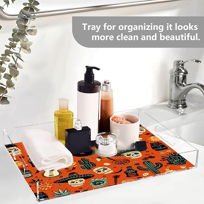 Serving Tray with Handles Clear Acrylic Tray 12x16 Inch Decorative Rectangular Tray Organizer for Ottoman Coffee Table Bathroom Deep Orange Day of The Dead Skull Cactus