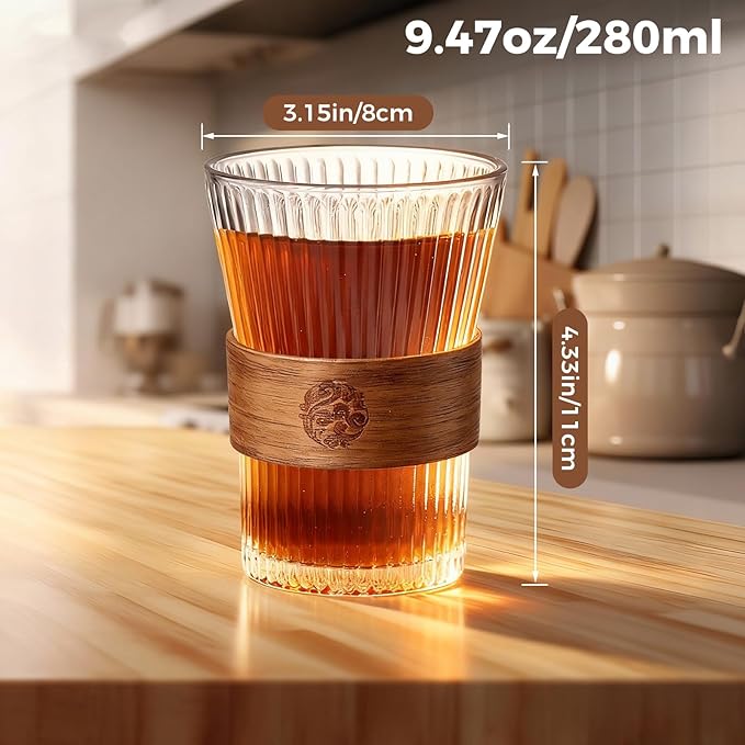 RDLBBS 1PCS Glass Coffee Mug 9oz with Bamboo Sleeve,Espresso Cups Drinking Cup set, Home Essential Glass Tumblers for Beer, Cocktail, Tea and Latte Clear