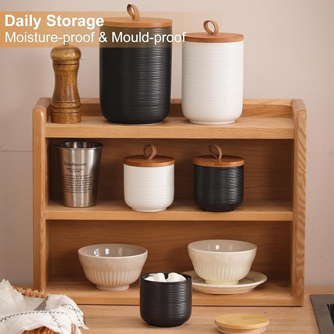 Simcat Ceramic Canister Set Kitchen Airtight Food Storage Jar with Bamboo Lids Coffee Sugar Tea Storage Containers (Medium white with belt-27oz)