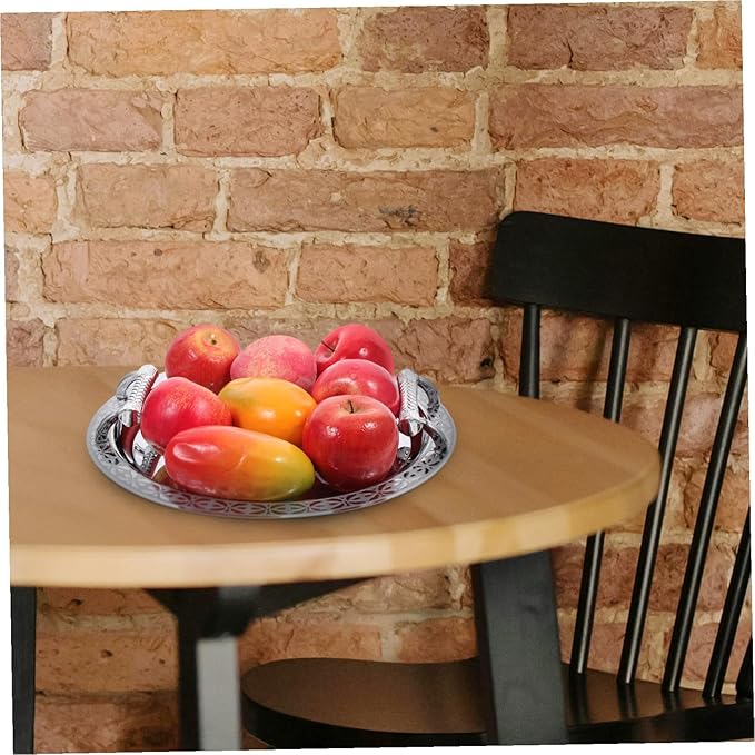 Uonlytech European Style Decorative Round Serving Tray Silver Pattern Multipurpose Fruit Candy Dessert Plate Jewelry Holder for Residential and Hospitality Use