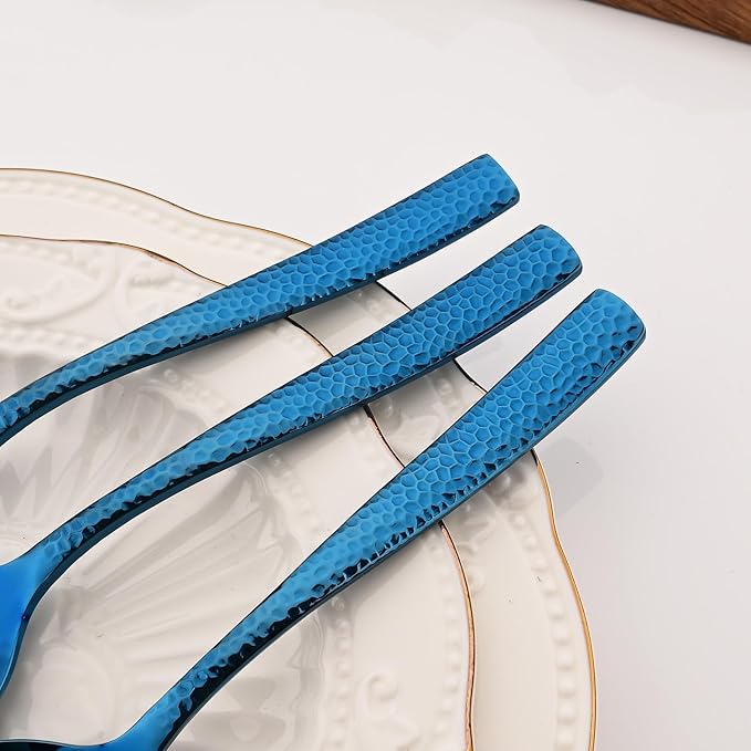 6 PCS Hammered Serving Utensils, Uniturcky Stainless Steel Serving Spoons Set, Square and Thick Hostess Serving Set, Includes 2 Serving Spoon 2 Serving Fork and 2 Slotted Spoon, Mirror Blue