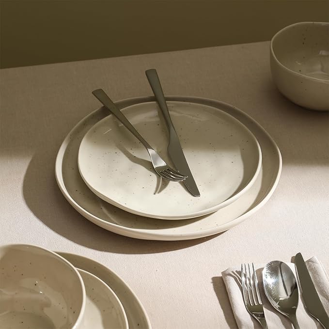 Stone Lain Mirella 24-Piece Dinnerware Set Stoneware, Plates and Bowls set, Microwave and Dishwasher Safe, Dish Set for 8, Beige