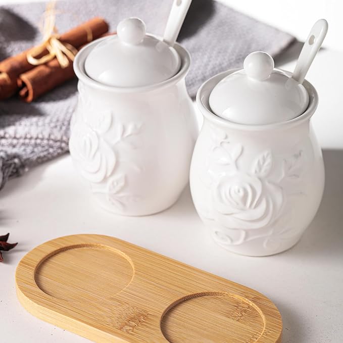 Hand Drawn Relief ceramics Ceramic Sugar Bowl 2 Pack, PorcelainJar with Tray, Spoon and Lid for Sugar, Pepper, Coffee, Spice, Salt, 8 Ounces (White Relief)