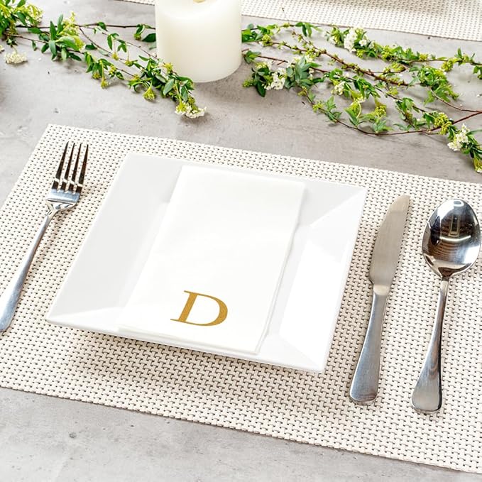 Luxenap 15.8 X 7.9 Inch Linen-Feel Guest Towels, 50 Lettered Hand Towels - Gold Letter 'D', Sans Serif Font, White Paper Dinner Napkins, airlaid, For Restrooms And Tables - Restaurantware