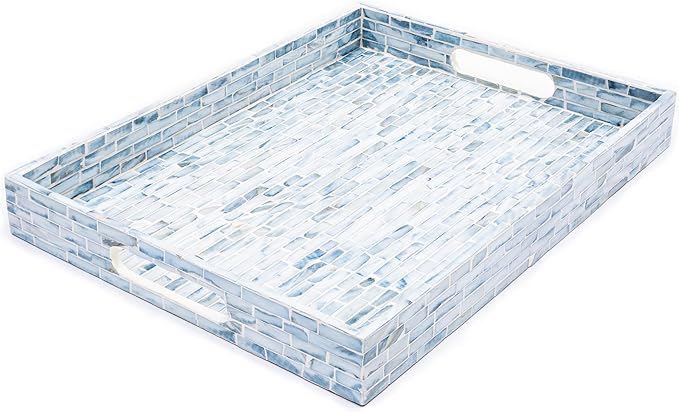 CLAYNIX Serving Tray 15.7" X11.8 Wooden Lacquer Tray with Mother of Pearl Inlay, Elegant Tea & Breakfast Tray with Handles (Rectangle)