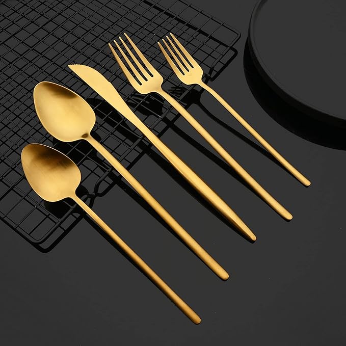 JASHII Modern Silverware Set - 20 Pieces Cutlery Set Matte Gold - Brushed 304 Stainless Steel Flatware Set - Narrow and Long Handle - for Home Dinner and Restaurant