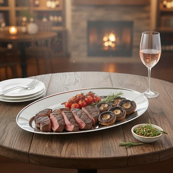 Set of 2 Oval 16' Platter Stainless Steel Heavy Duty Metal Serving Platters for Appetizer Snack Fruit Cake Server Party Food Display Tray Dishes for Entertaining