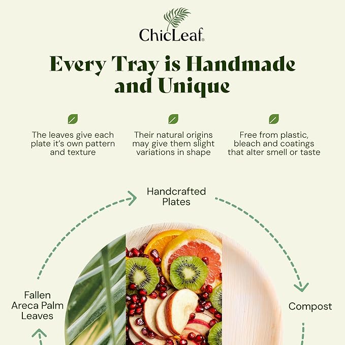 Chic Leaf 100% Compostable Disposable Palm Leaf Tray - Paper Plates Alternative - Disposable Charcuterie Boards Accessories - Round Bamboo Plates Christmas & Holiday Dinner (12'', 25 Count)