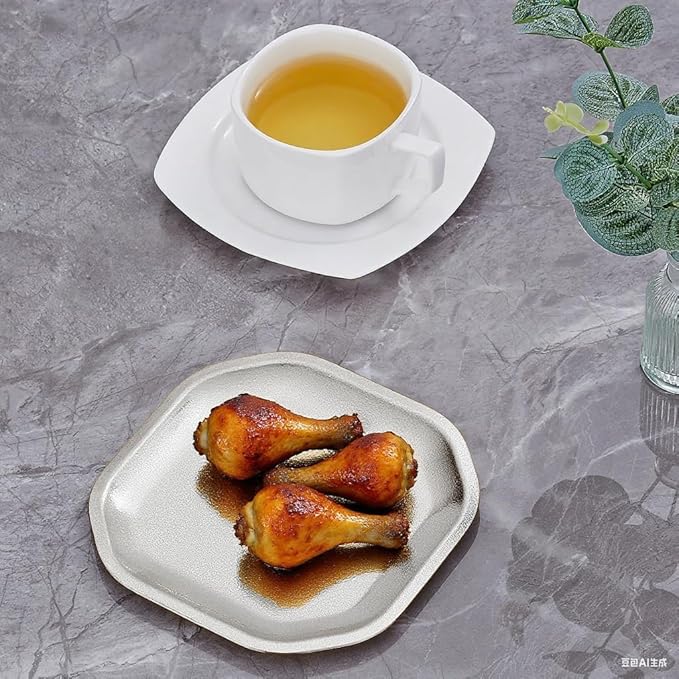 5.9x5.9 inch square Appetizer Plates,thick stainless steel Dinner Plates, Pasta Dessert Plates for Sushi, Fruit oven/Dishwasher Safe, Set of 4,silver