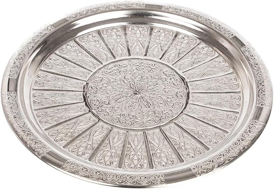 Handcrafted Turkish Copper Serving Tray with Silver Embroidery - 22 cm (8.7 inch) Traditional Gaziantep Design, 3mm Thick