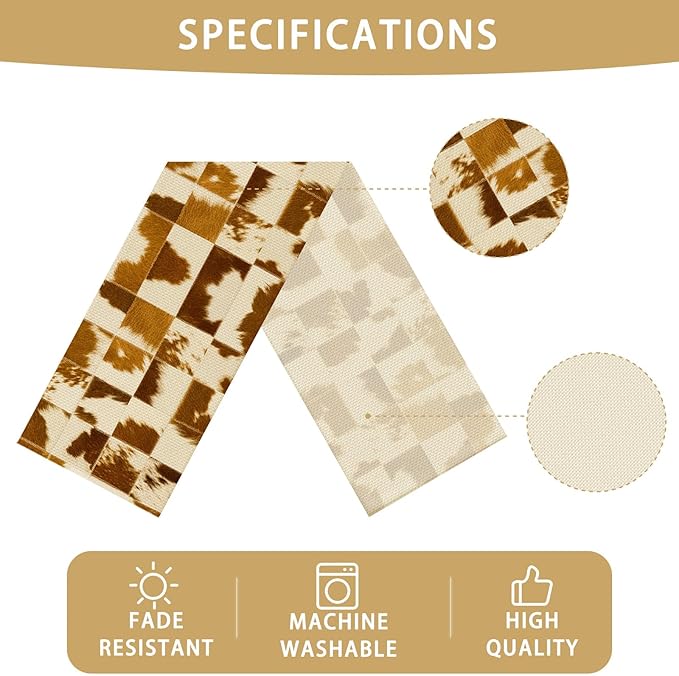 Cow Pattern White Table Runner Farmhouse Fall Kitchen Dining Linen Table Decoration for Indoor Outdoor Home Party Decor 13 x 72 Inch