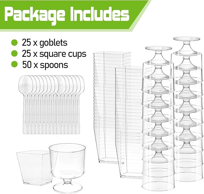 100 Pack 2 oz Mini Plastic Dessert Cups with Spoons, Disposable Clear Goblet Pudding Parfait Jello Shooter Cups Party Serving Bowls, Small Square Tasting Cups for Fruit Trifle Ice Cream Yogurt
