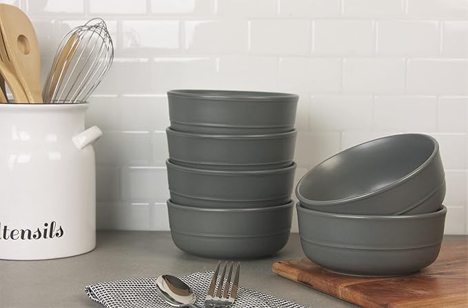Double Line 6.25"/24 oz Cereal Bowl, Set of 6, Matte Gray