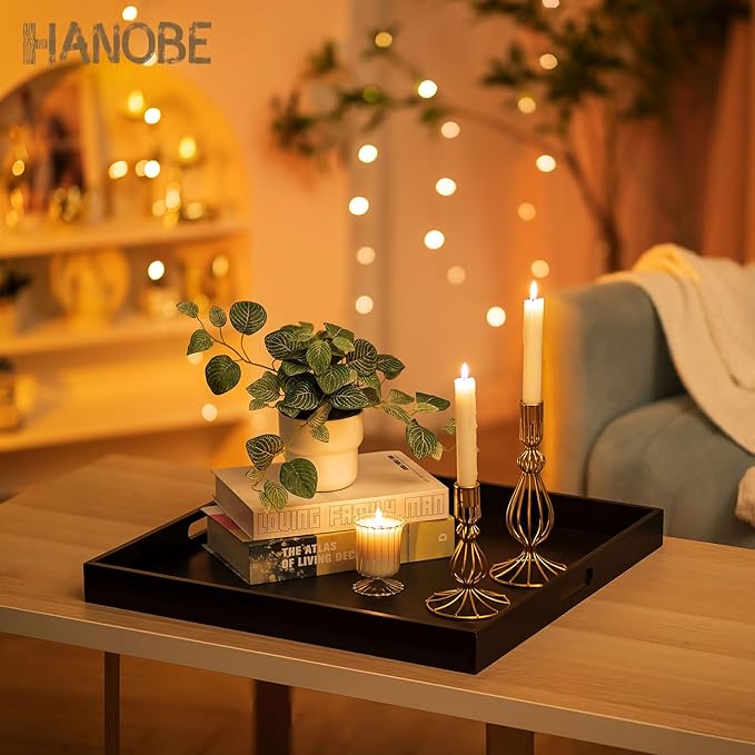 Hanobe Ottoman Tray for Living Room: Modern Extra Large Black Serving Decorative Trays with Cutout Handles for Coffee Table Home Decor, 20"