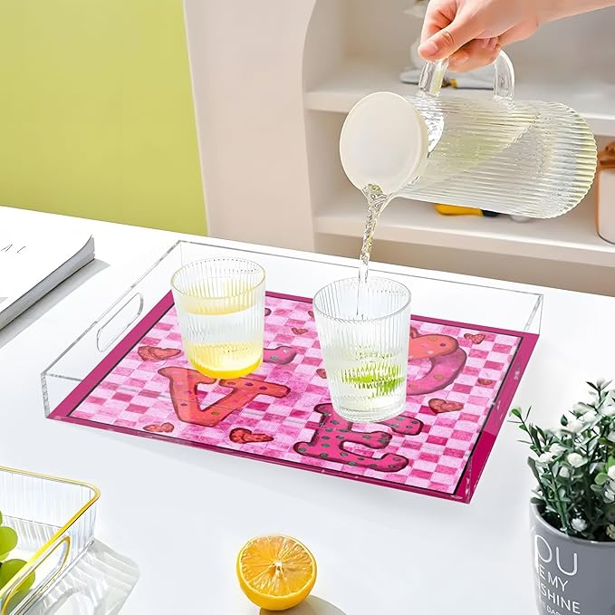 Serving Tray with Handles Clear Acrylic Tray 12x16 Inch Decorative Rectangular Tray Organizer for Ottoman Coffee Table Bathroom Pink Checkered Valentine Love Hearts