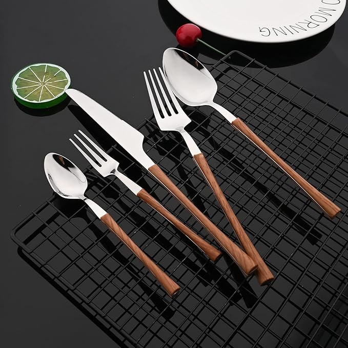 JASHII 24pcs Stainless Steel Imitation Wood Handle Cutlery Set, Knife Fork Tea Spoon Silverware Kitchen, Silver Flatware Set for 6, Mirror Polished Small Waist Handle - Brown&Silver